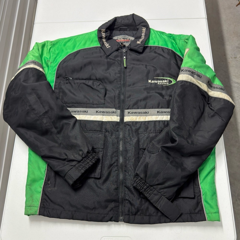 Kawasaki Racing Jacket Mens XL Black Green Fair Condition Embroidered Logo Zip